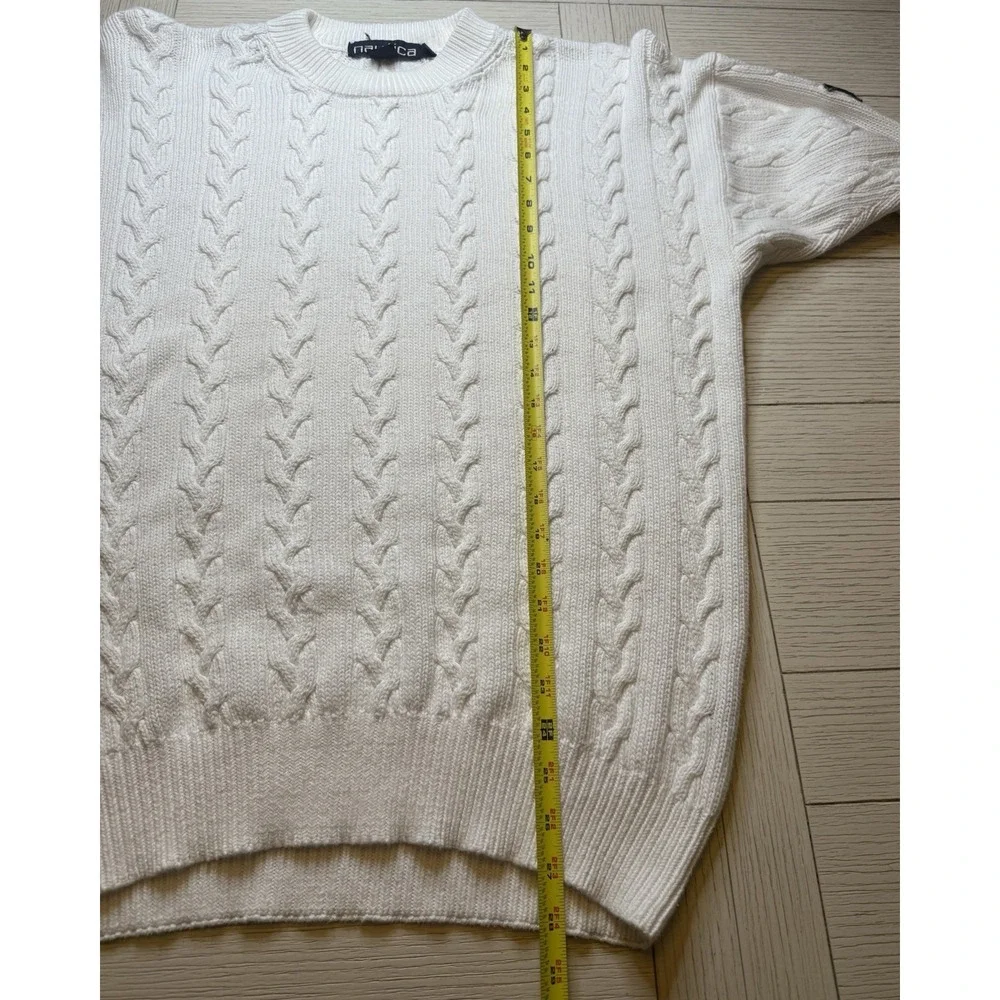Nautica Mens White Ivory Tight-Knit Preppy Sweater Cable‎ Knit 100% Cotton Sz L